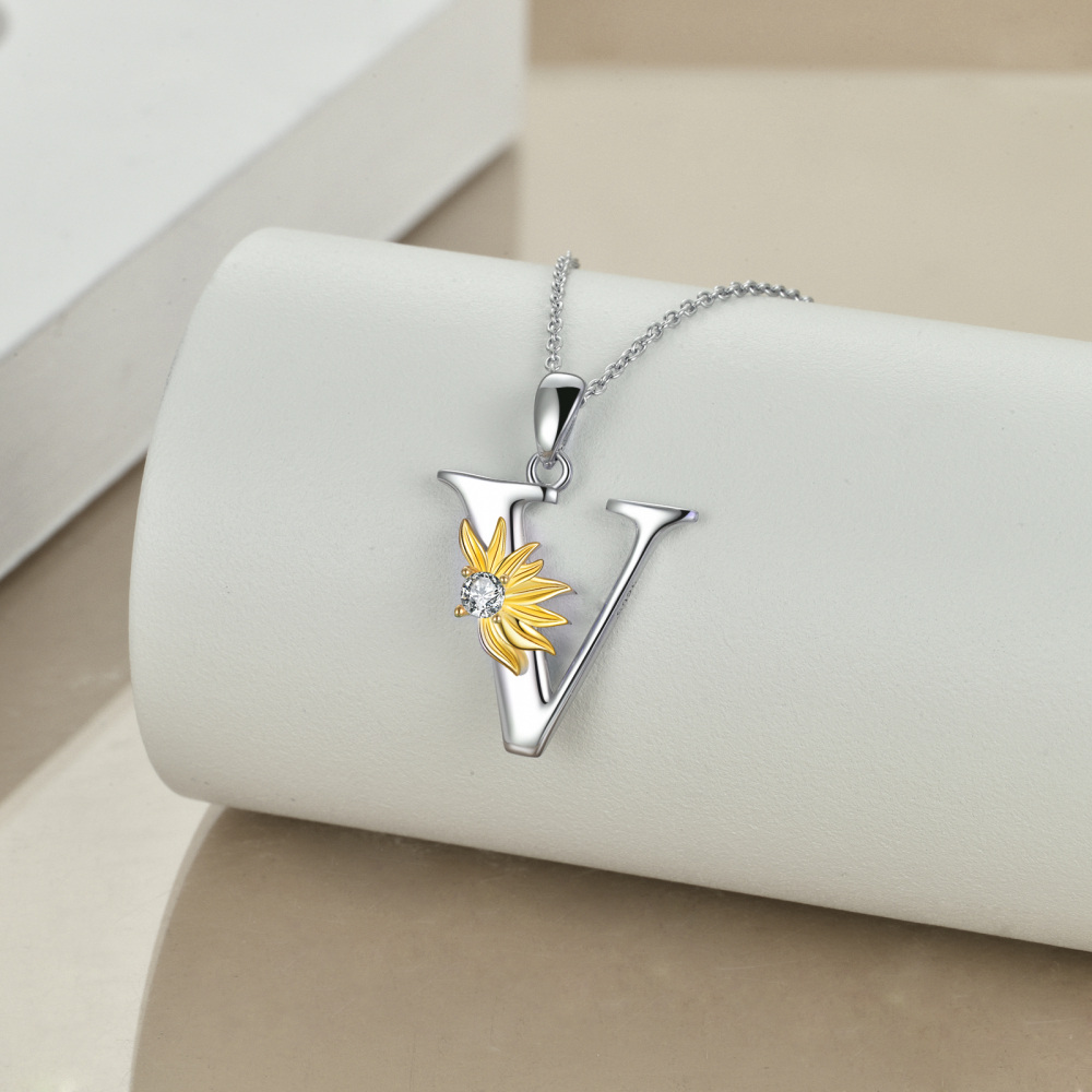 Sterling Silver Two-Tone Circular Cubic Zirconia Personalized Initial Letter V Sunflower Pendant Necklace For Women-4