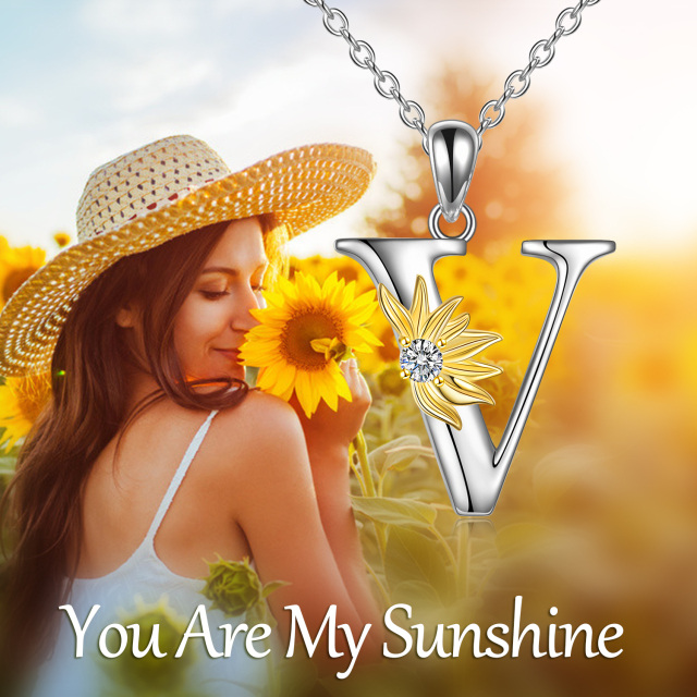 Sterling Silver Two-tone Circular Shaped Cubic Zirconia & Personalized Initial Letter Sunflower Pendant Necklace with Initial Letter V-6