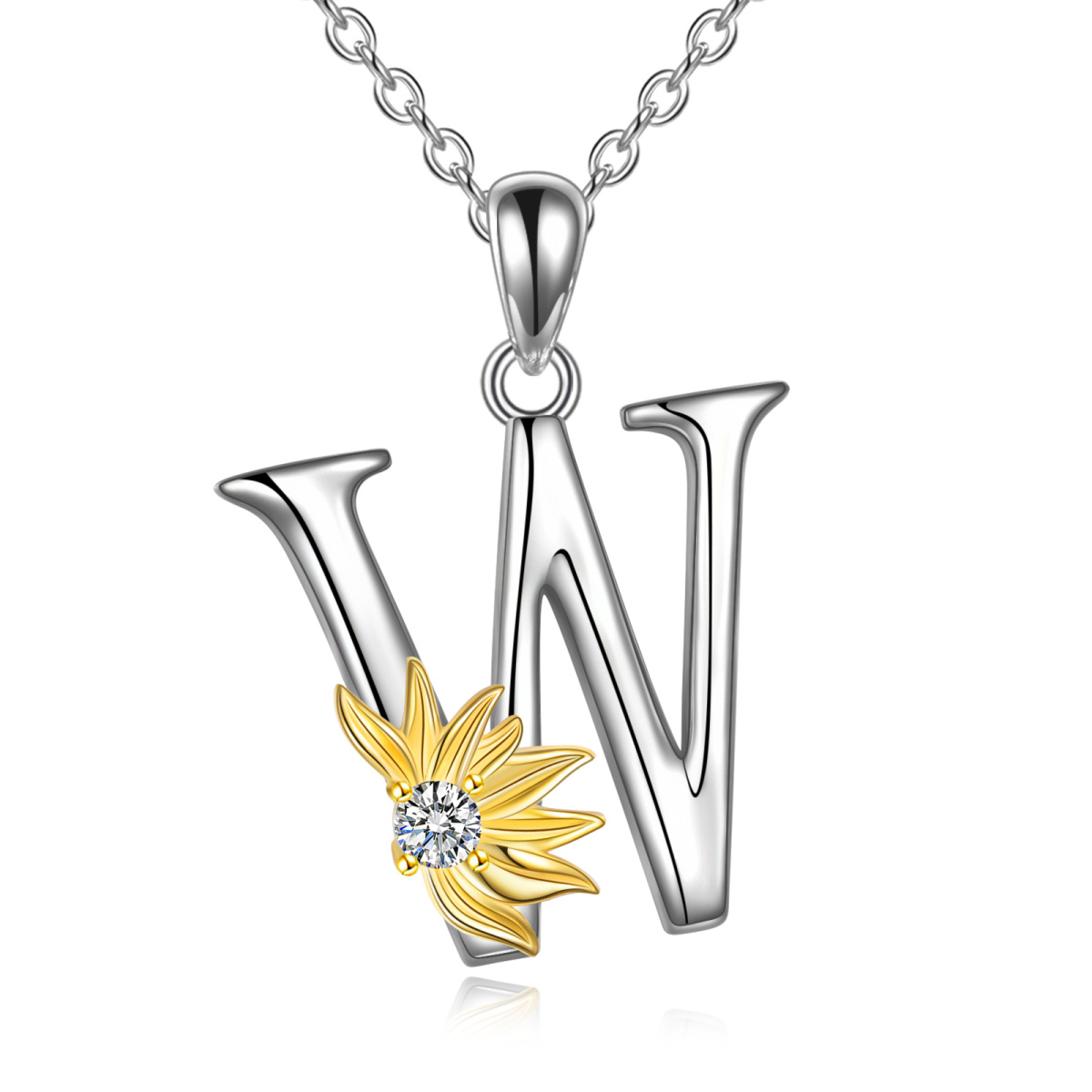 Sterling Silver Two-tone Circular Shaped Cubic Zirconia & Personalized Initial Letter Sunflower Pendant Necklace with Initial Letter W-1