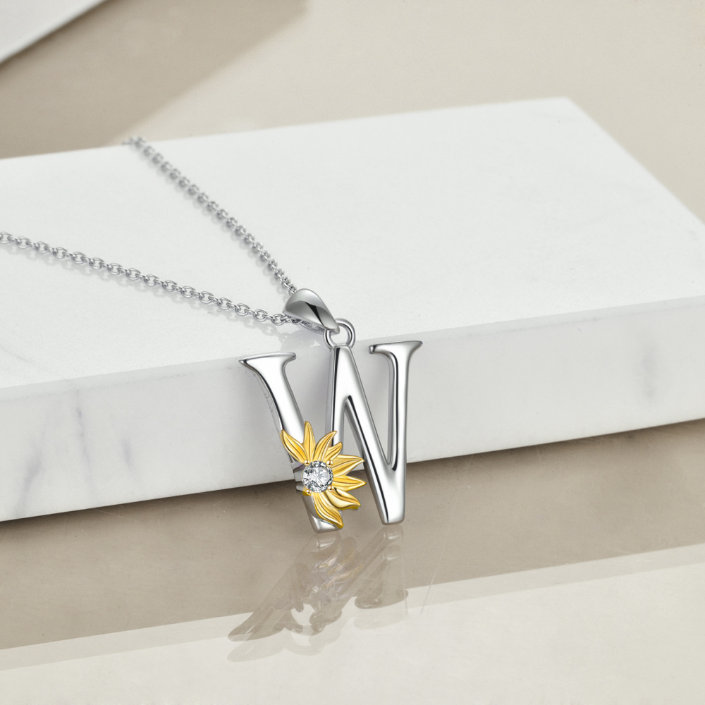 Sterling Silver Two-Tone Circular Cubic Zirconia Personalized Initial Letter W Sunflower Pendant Necklace For Women-3