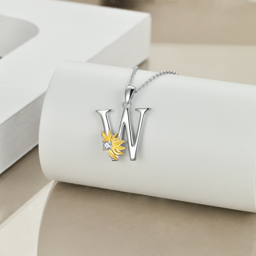 Sterling Silver Two-Tone Circular Cubic Zirconia Personalized Initial Letter W Sunflower Pendant Necklace For Women-4