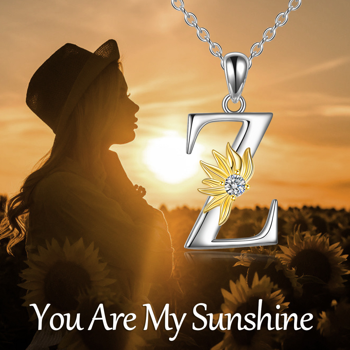 Sterling Silver Two-tone Circular Shaped Cubic Zirconia & Personalized Initial Letter Sunflower Pendant Necklace with Initial Letter W-6