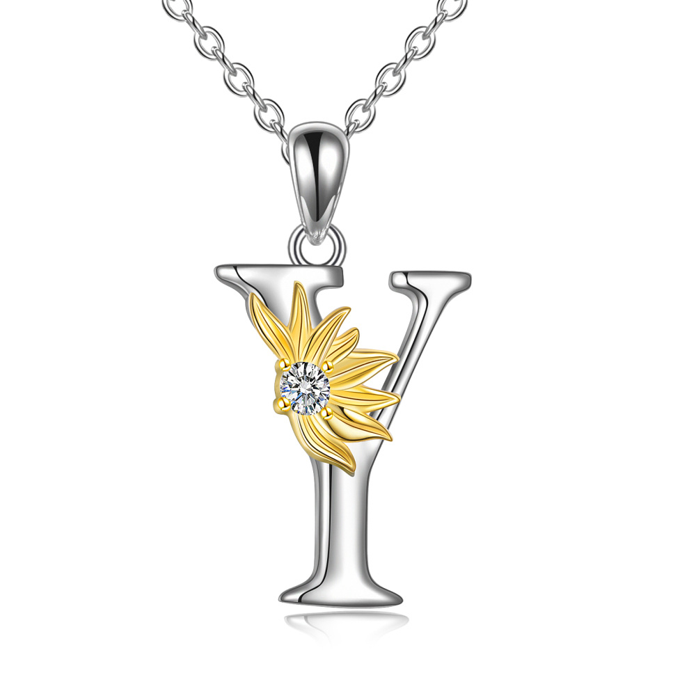 Sterling Silver Two-Tone Circular Cubic Zirconia Personalized Initial Letter Y Sunflower Pendant Necklace For Women-1