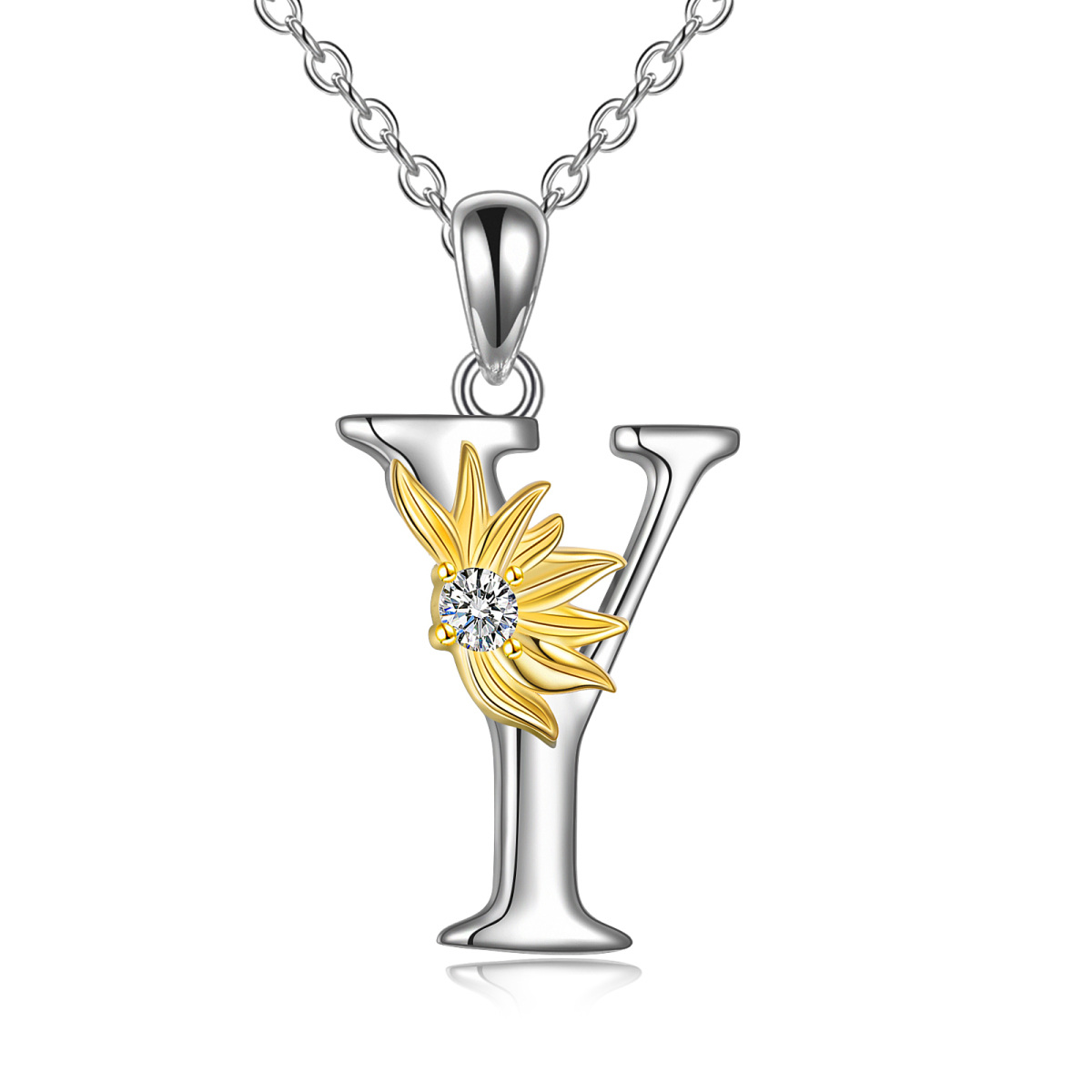 Sterling Silver Two-tone Circular Shaped Cubic Zirconia & Personalized Initial Letter Sunflower Pendant Necklace with Initial Letter Y-1