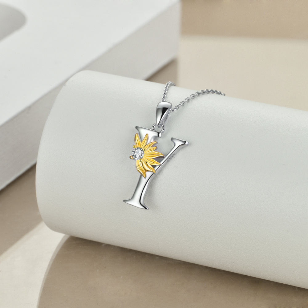 Sterling Silver Two-Tone Circular Cubic Zirconia Personalized Initial Letter Y Sunflower Pendant Necklace For Women-4