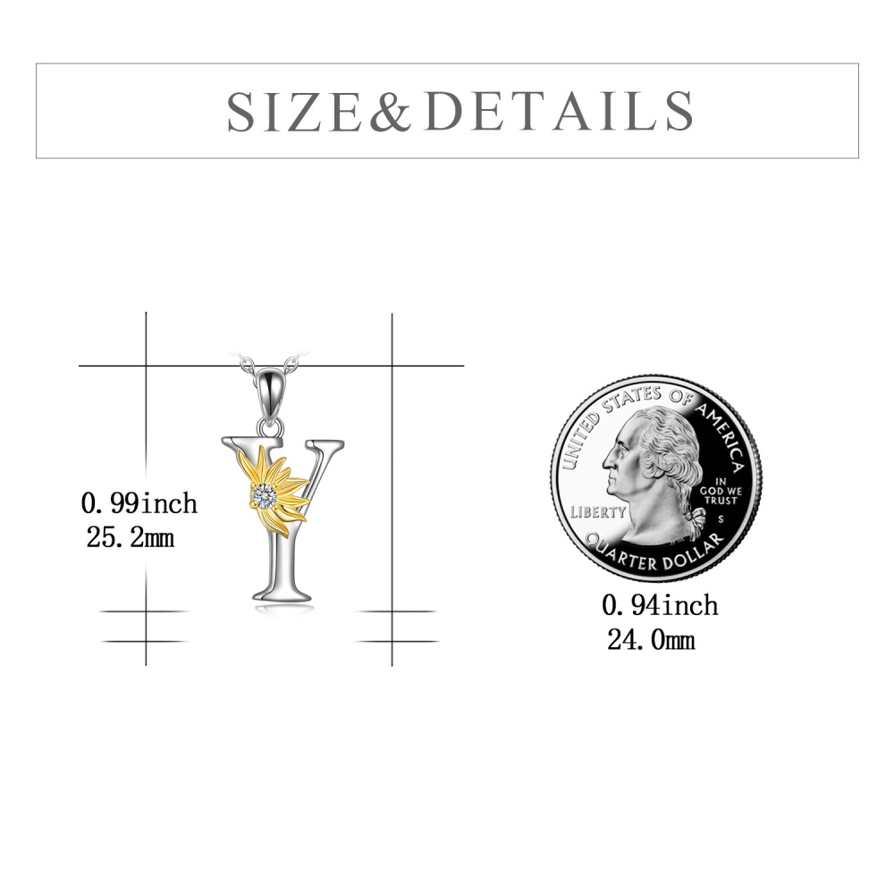Sterling Silver Two-Tone Circular Cubic Zirconia Personalized Initial Letter Y Sunflower Pendant Necklace For Women-5