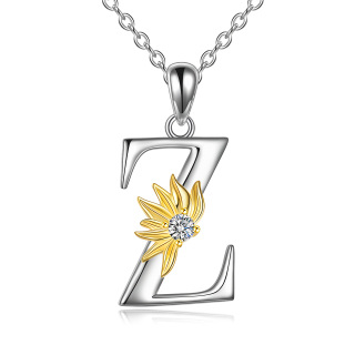Sterling Silver Two-Tone Circular Cubic Zirconia Personalized Initial Letter Z Sunflower Pendant Necklace For Women-15