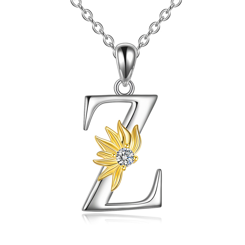 Sterling Silver Two-Tone Circular Cubic Zirconia Personalized Initial Letter Z Sunflower Pendant Necklace For Women-18