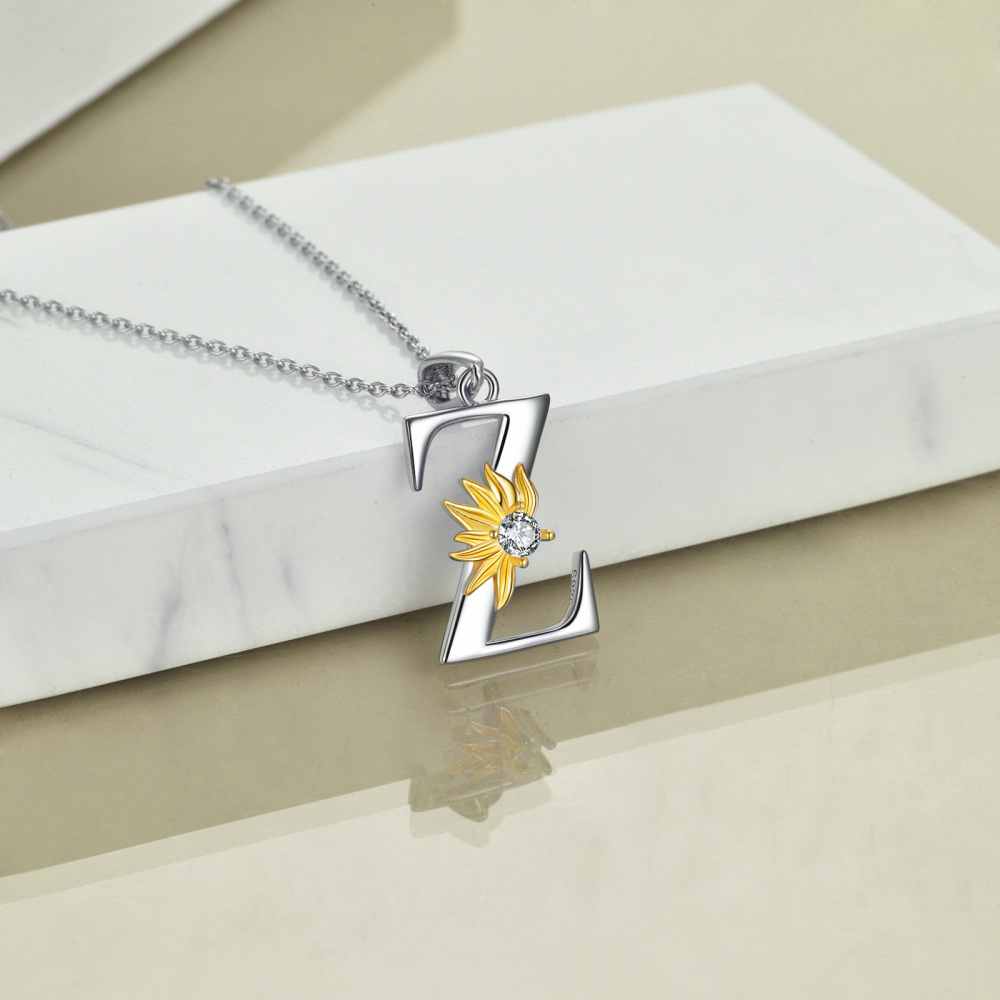Sterling Silver Two-Tone Circular Cubic Zirconia Personalized Initial Letter Z Sunflower Pendant Necklace For Women-4
