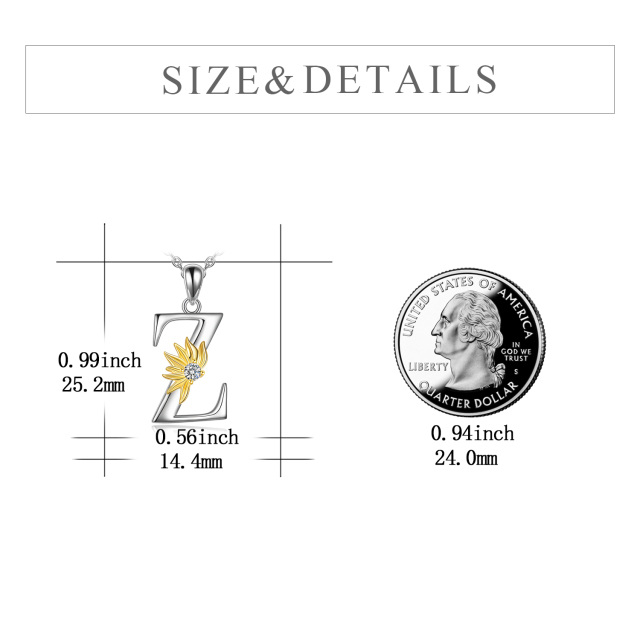 Sterling Silver Two-tone Circular Shaped Cubic Zirconia & Personalized Initial Letter Sunflower Pendant Necklace with Initial Letter Z-5