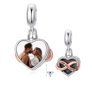 Sterling Silver Two-tone Circular Shaped Cubic Zirconia Personalized Photo & Heart Dangle Charm with Engraved Word-5