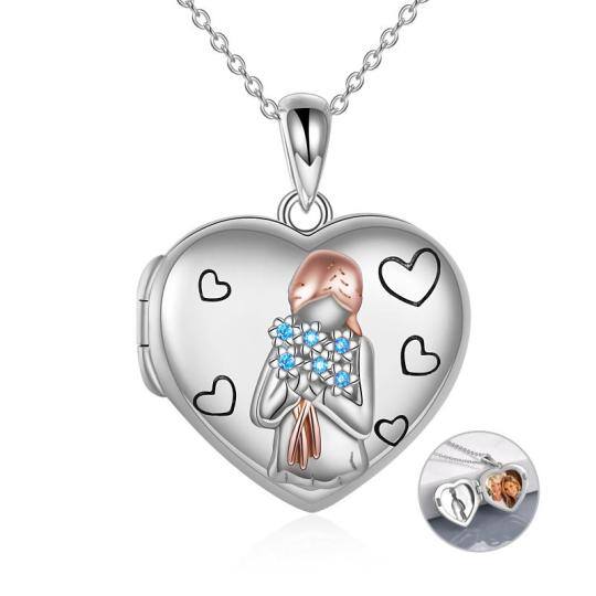 Sterling Silver Two-tone Circular Shaped Cubic Zirconia Personalized Photo & Heart Personalized Photo Locket Necklace