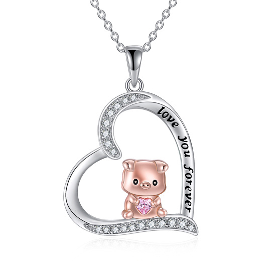 Sterling Silver Two-tone Circular Shaped Cubic Zirconia Pig & Heart Pendant Necklace with Engraved Word