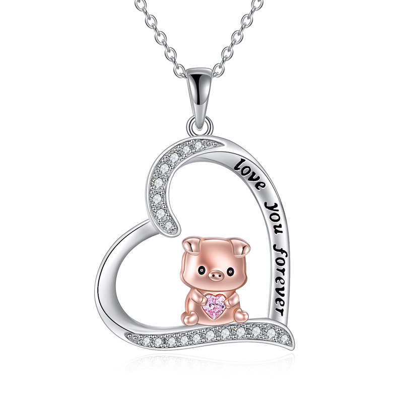 Sterling Silver Two-tone Circular Shaped Cubic Zirconia Pig & Heart Pendant Necklace with Engraved Word-5