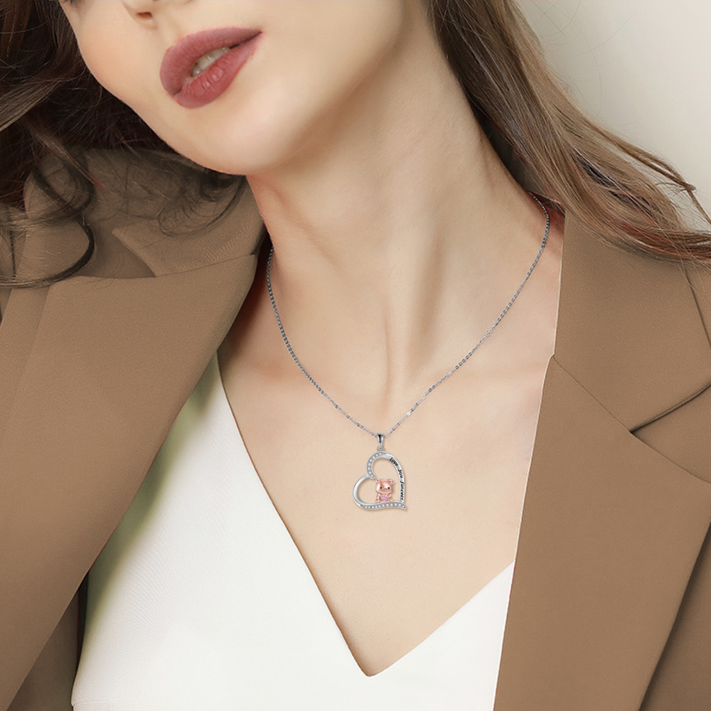 Sterling Silver Two-tone Circular Shaped Cubic Zirconia Pig & Heart Pendant Necklace with Engraved Word-2