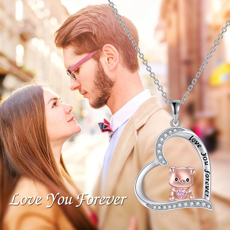 Sterling Silver Two-tone Circular Shaped Cubic Zirconia Pig & Heart Pendant Necklace with Engraved Word-3