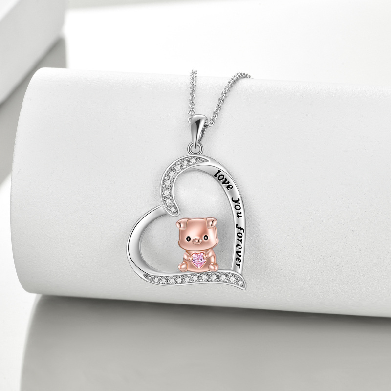 Sterling Silver Two-tone Circular Shaped Cubic Zirconia Pig & Heart Pendant Necklace with Engraved Word-4