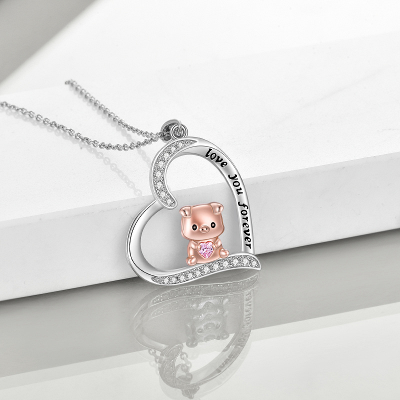 Sterling Silver Two-tone Circular Shaped Cubic Zirconia Pig & Heart Pendant Necklace with Engraved Word-5