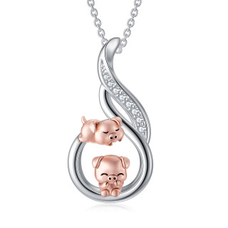 Sterling Silver Two-tone Circular Shaped Cubic Zirconia Pig Pendant Necklace-50