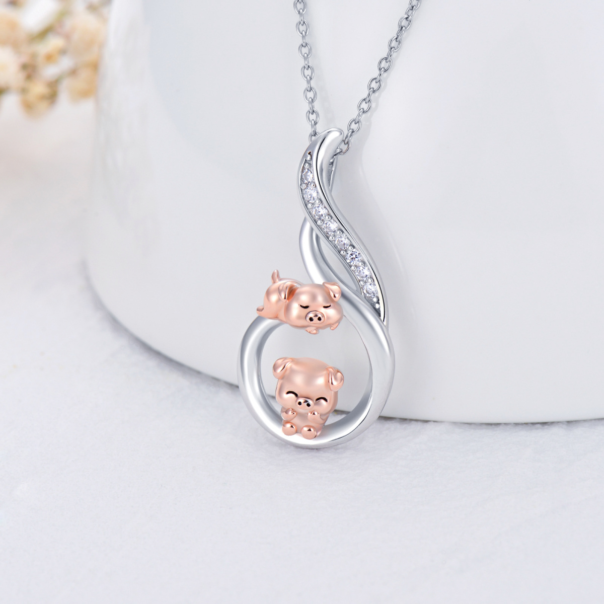 Sterling Silver Two-tone Circular Shaped Cubic Zirconia Pig Pendant Necklace-3