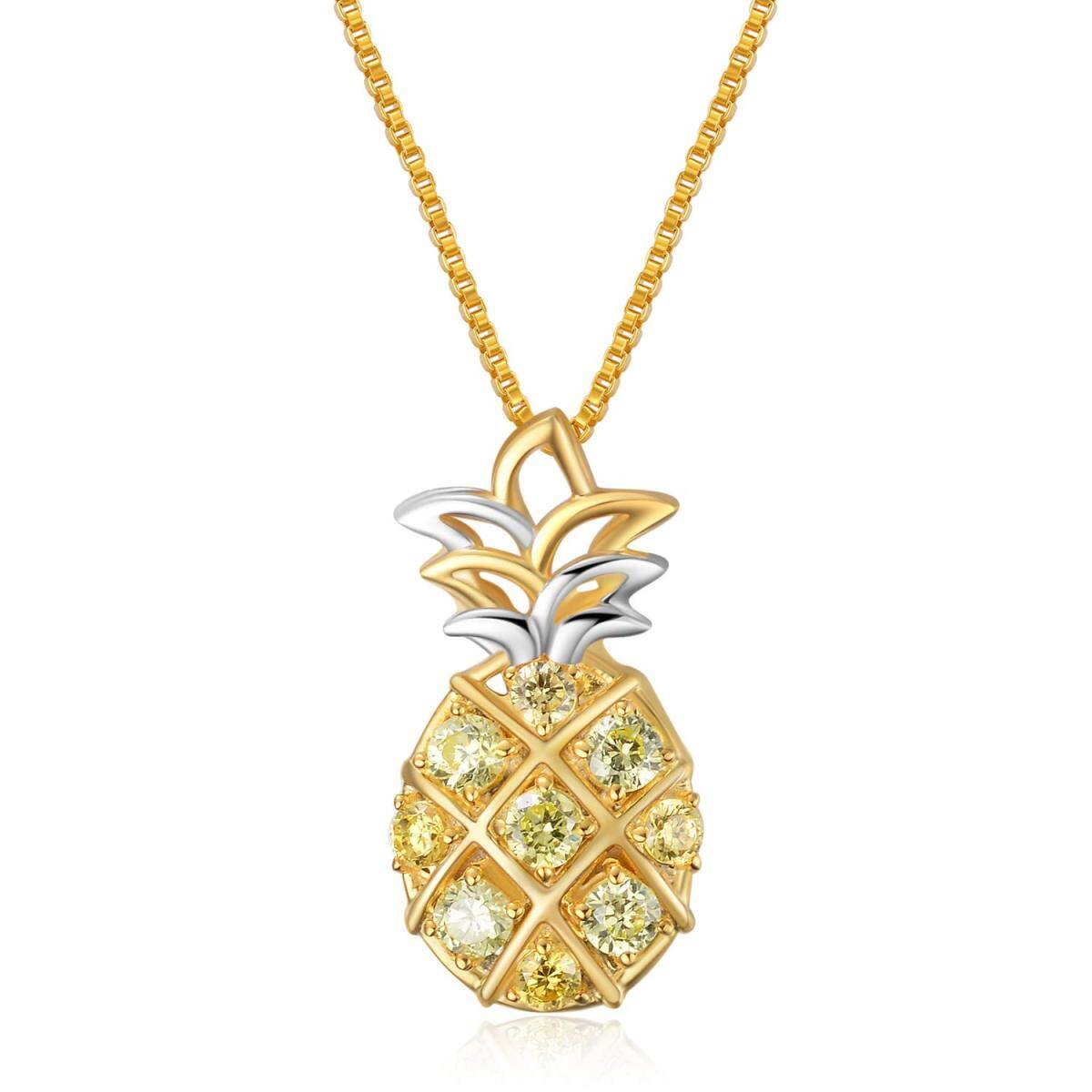 Sterling Silver Two-tone Circular Shaped Cubic Zirconia Pineapple Pendant Necklace-1