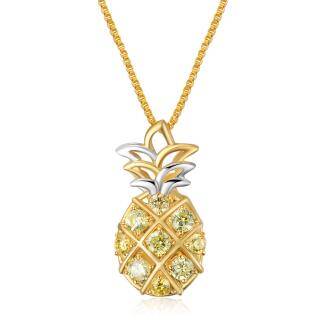 Sterling Silver Two-tone Circular Shaped Cubic Zirconia Pineapple Pendant Necklace-4