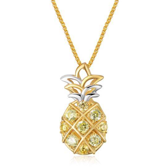 Sterling Silver Two-tone Circular Shaped Cubic Zirconia Pineapple Pendant Necklace