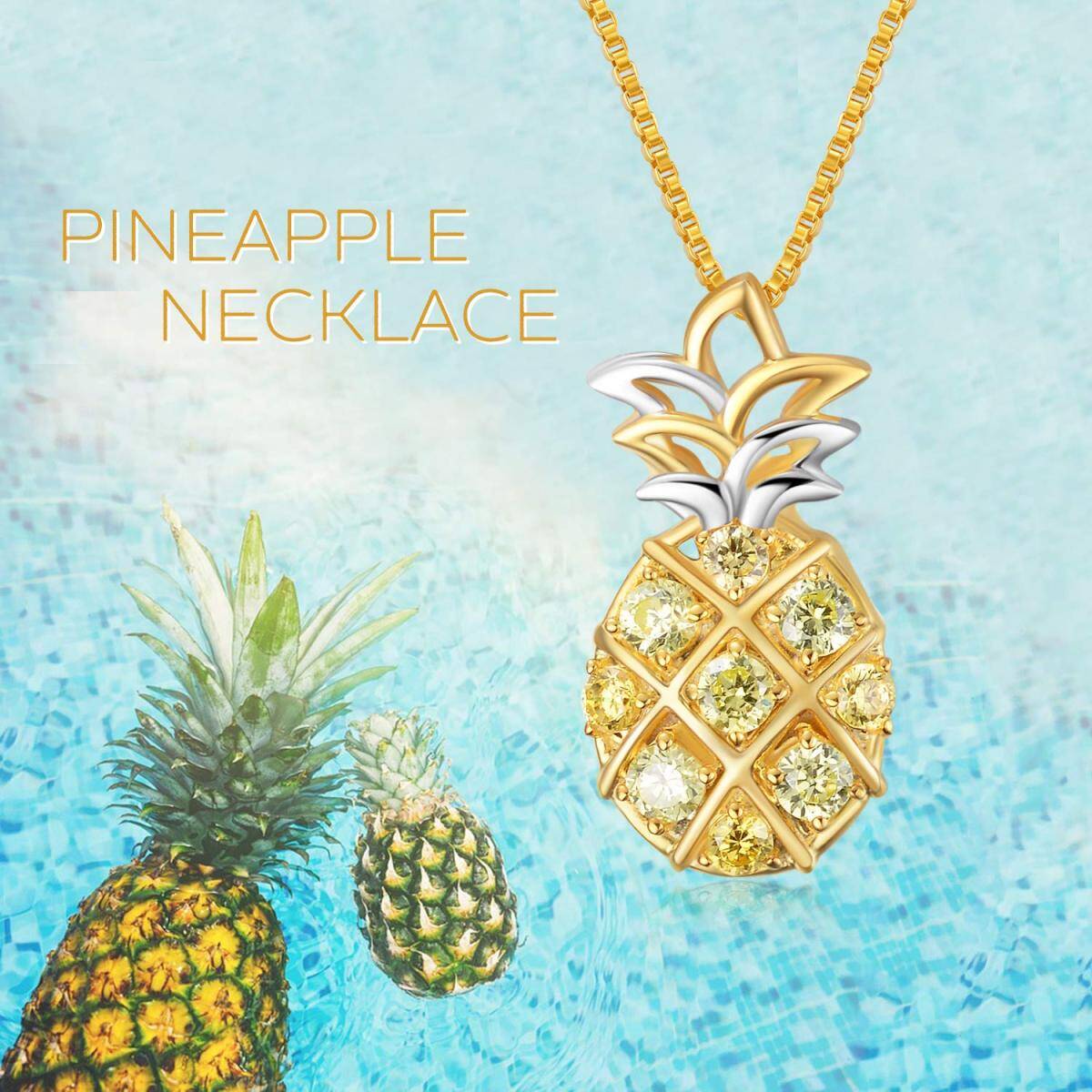 Sterling Silver Two-tone Circular Shaped Cubic Zirconia Pineapple Pendant Necklace-3