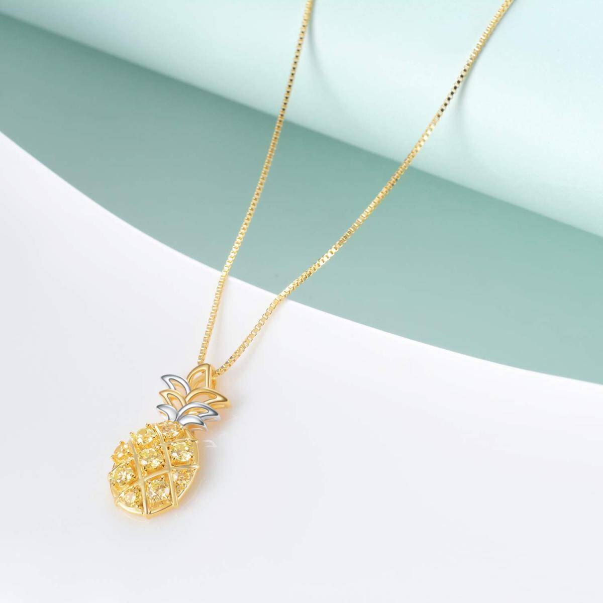 Sterling Silver Two-tone Circular Shaped Cubic Zirconia Pineapple Pendant Necklace-5