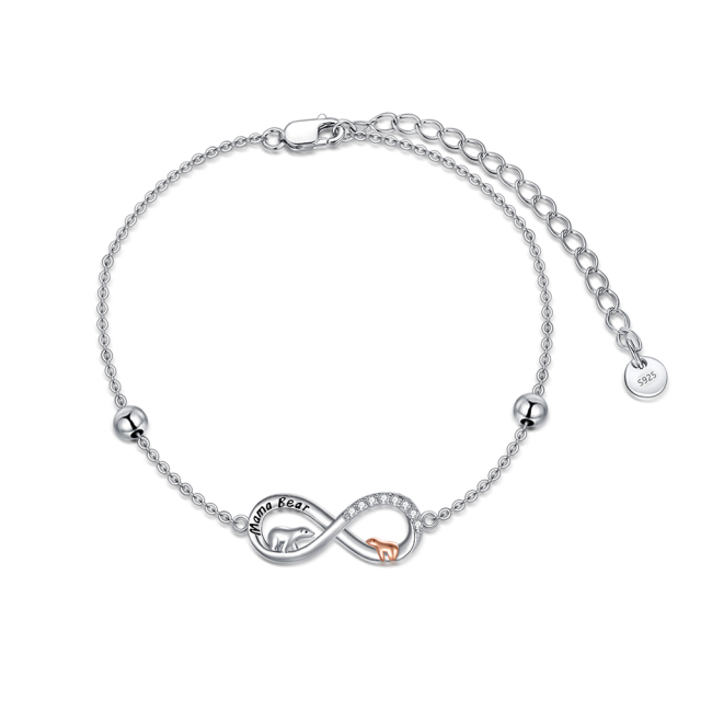 Sterling Silver Two-tone Circular Shaped Cubic Zirconia Polar Bear & Infinity Symbol Pendant Bracelet