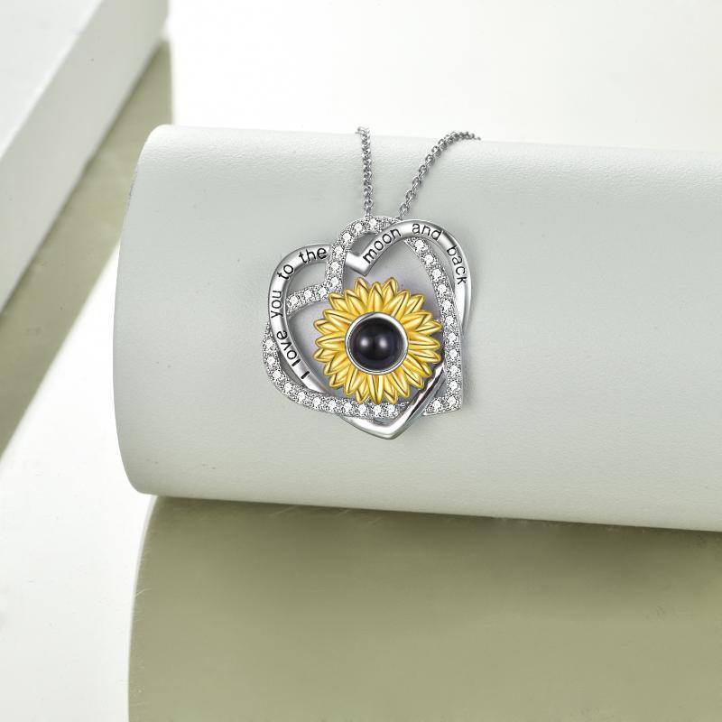 Sterling Silver Two-Tone Circular Projection Stone Sunflower Pendant Necklace With Engraved Word For Women-3