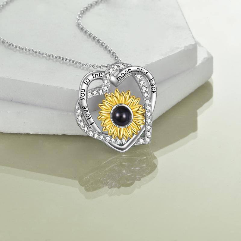 Sterling Silver Two-Tone Circular Projection Stone Sunflower Pendant Necklace With Engraved Word For Women-4