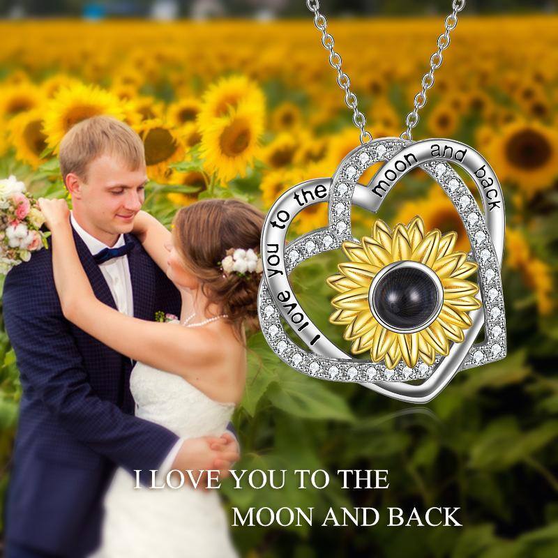 Sterling Silver Two-Tone Circular Projection Stone Sunflower Pendant Necklace With Engraved Word For Women-6