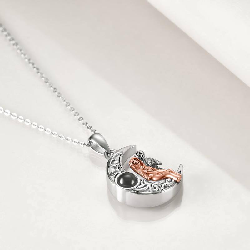 Sterling Silver Two-tone Circular Shaped Projection Stone Skull Urn Necklace for Ashes-3