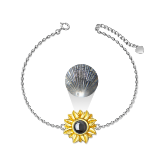 Sterling Silver Two-tone Circular Shaped Projection Stone Sunflower Charm Bracelet with Engraved Word-39