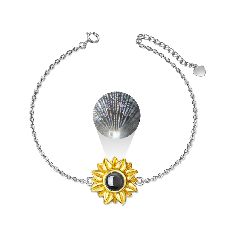 Sterling Silver Two-tone Circular Shaped Projection Stone Sunflower Charm Bracelet with Engraved Word-16
