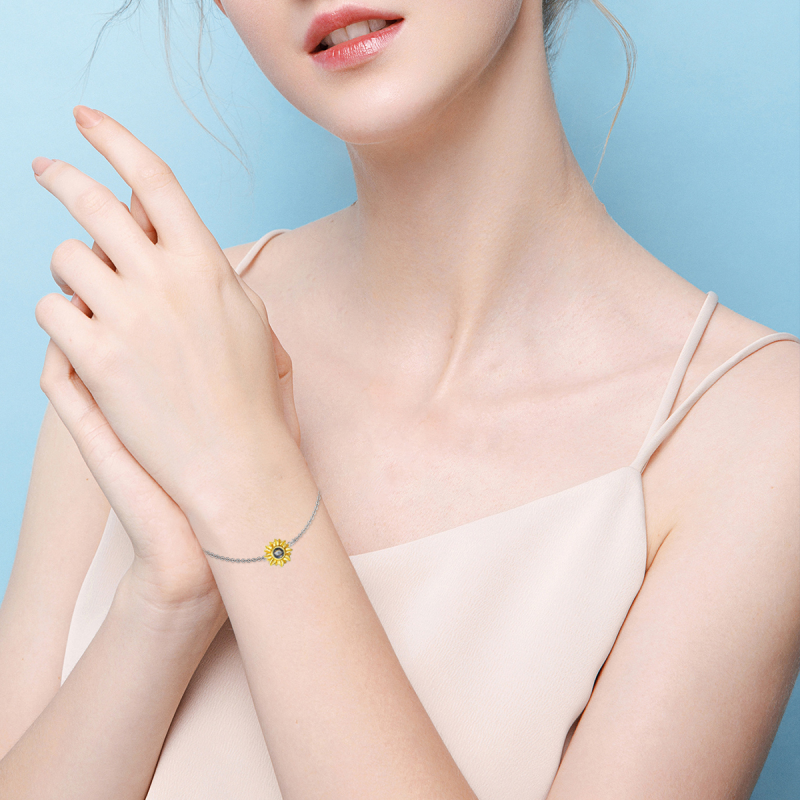 Pulseira de girassol em prata 925 com pedra de línguas eu te amo-2