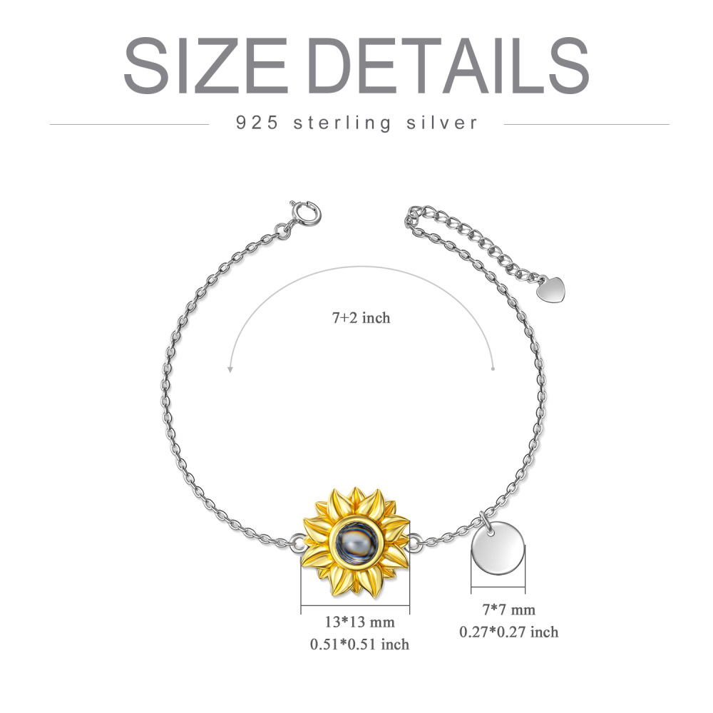 Sterling Silver Two-tone Circular Shaped Projection Stone Sunflower Charm Bracelet with Engraved Word-3