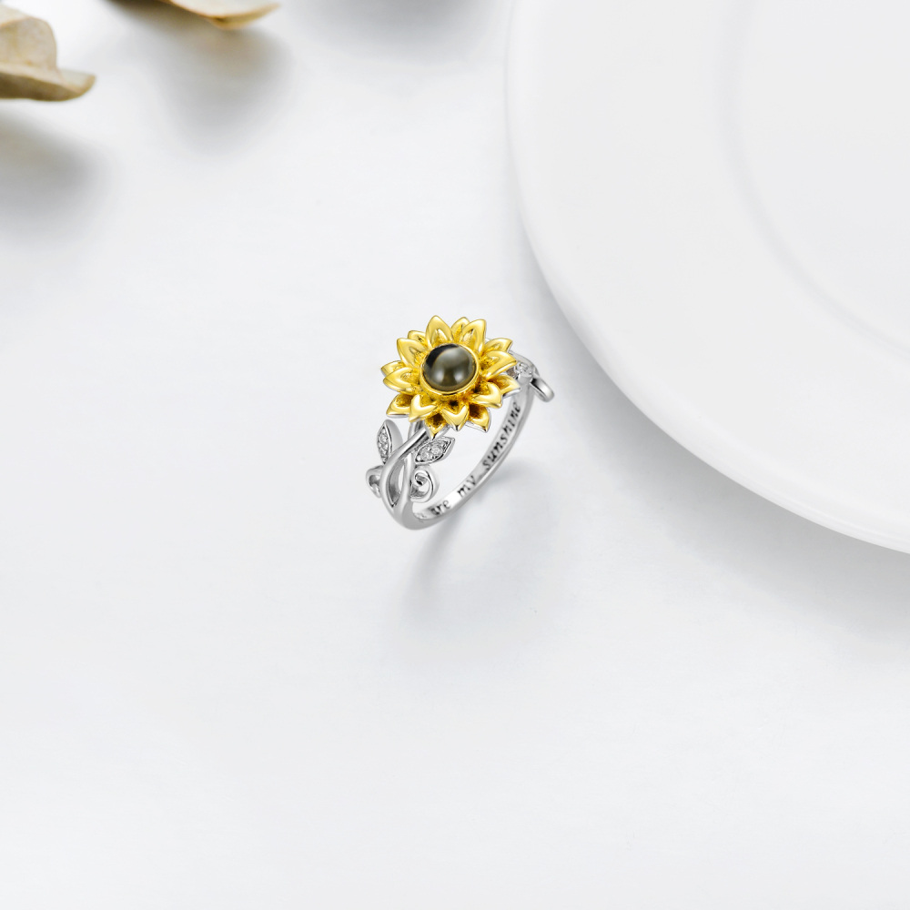 Sterling Silver Two-tone Round Shaped Projection Stone Sunflower Ring with Engraved Word-3