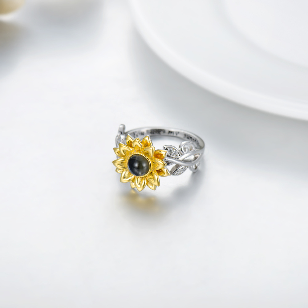 Sterling Silver Two-tone Round Shaped Projection Stone Sunflower Ring with Engraved Word-4