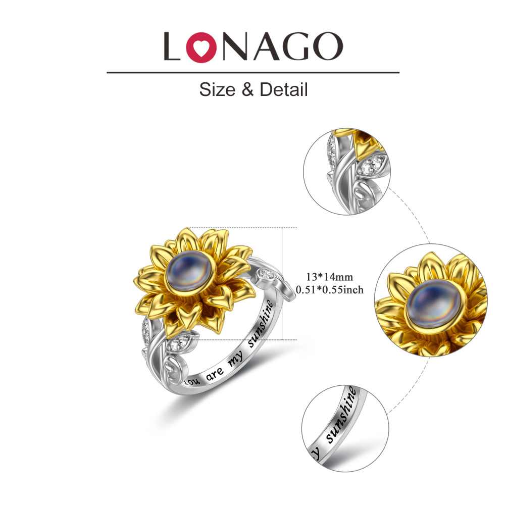 Sterling Silver Two-tone Round Shaped Projection Stone Sunflower Ring with Engraved Word-5