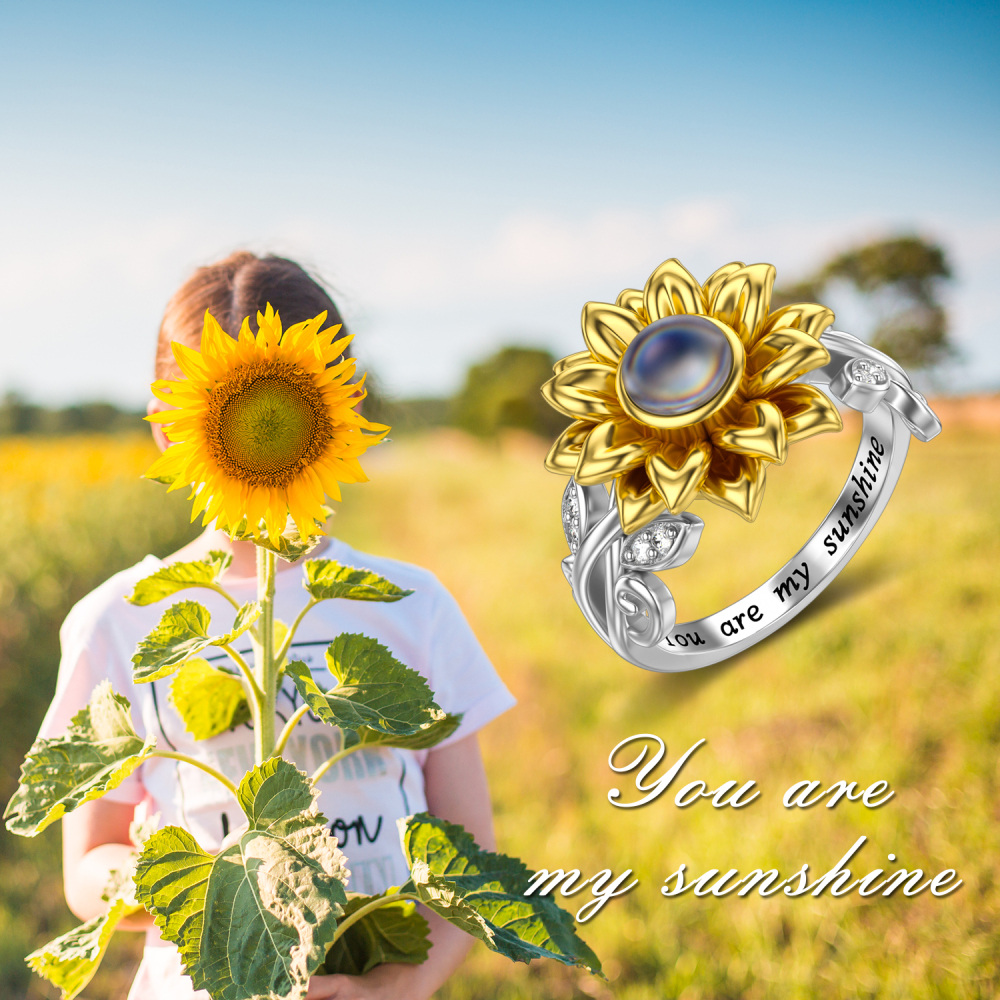 Sterling Silver Two-tone Round Shaped Projection Stone Sunflower Ring with Engraved Word-6