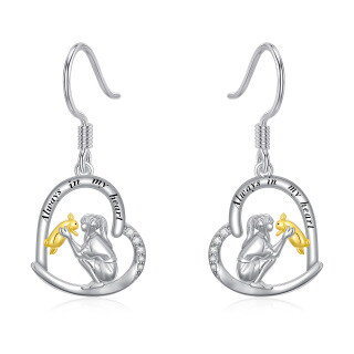 Sterling Silver Two-tone Circular Shaped Cubic Zirconia Rabbit & Heart Drop Earrings with Engraved Word-20