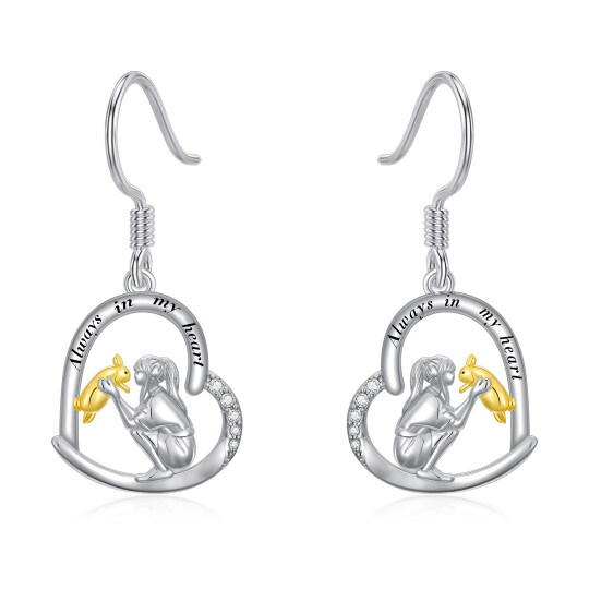 Sterling Silver Two-tone Circular Shaped Cubic Zirconia Rabbit & Heart Drop Earrings with Engraved Word