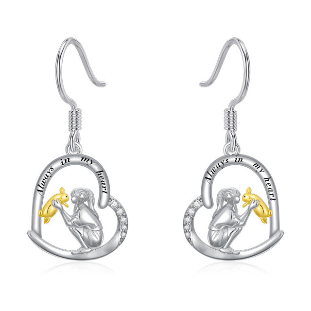 Sterling Silver Two-tone Circular Shaped Cubic Zirconia Rabbit & Heart Drop Earrings with Engraved Word-1