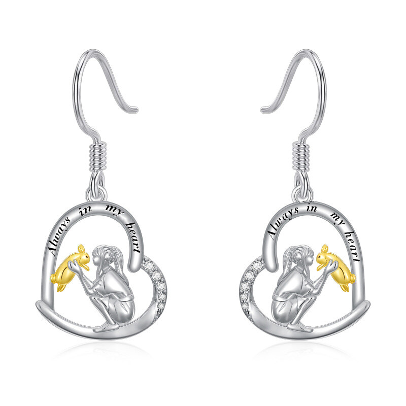 Sterling Silver Two-tone Circular Shaped Cubic Zirconia Rabbit & Heart Drop Earrings with Engraved Word-11