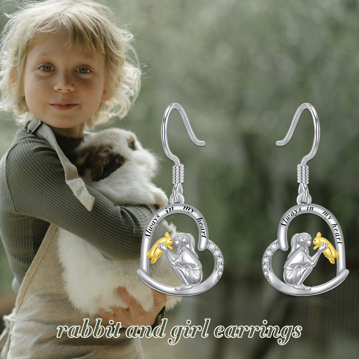 Boucles d'oreilles pendantes en argent sterling bicolores en forme de lapin et de coeur en-3