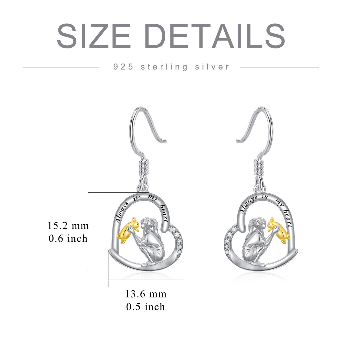 Sterling Silver Two-tone Circular Shaped Cubic Zirconia Rabbit & Heart Drop Earrings with Engraved Word-4