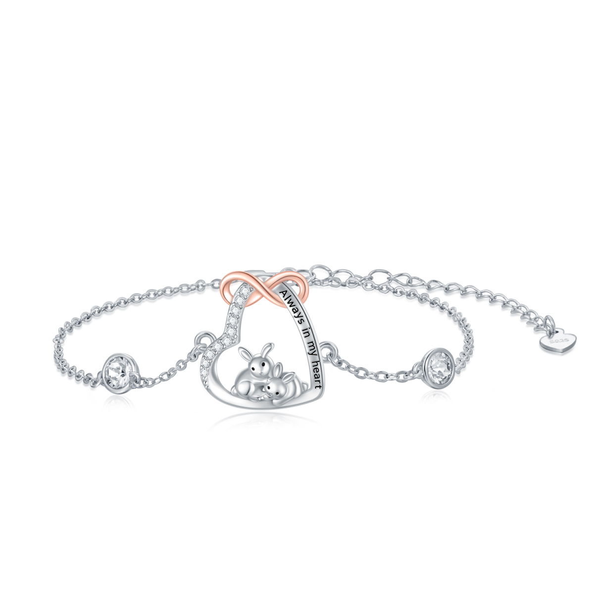 Sterling Silver Two-Tone Circular Cubic Zirconia Heart & Infinity Symbol With Rabbit Charm Bracelet For Women Mom-1