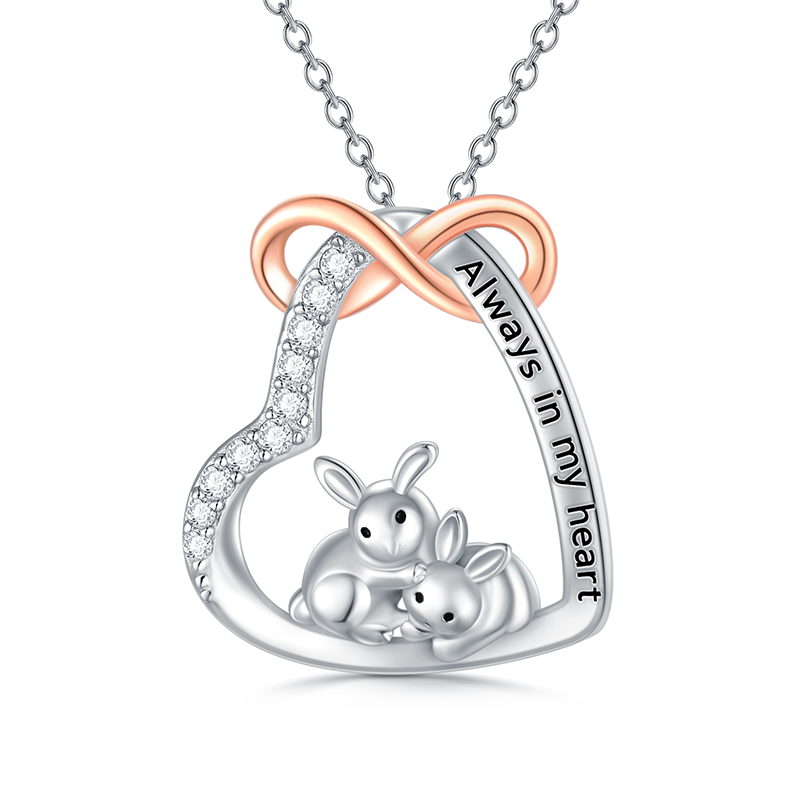 Sterling Silver Two-Tone Circular Cubic Zirconia Rabbit & Heart With Infinity Symbol Pendant Necklace For Women-1